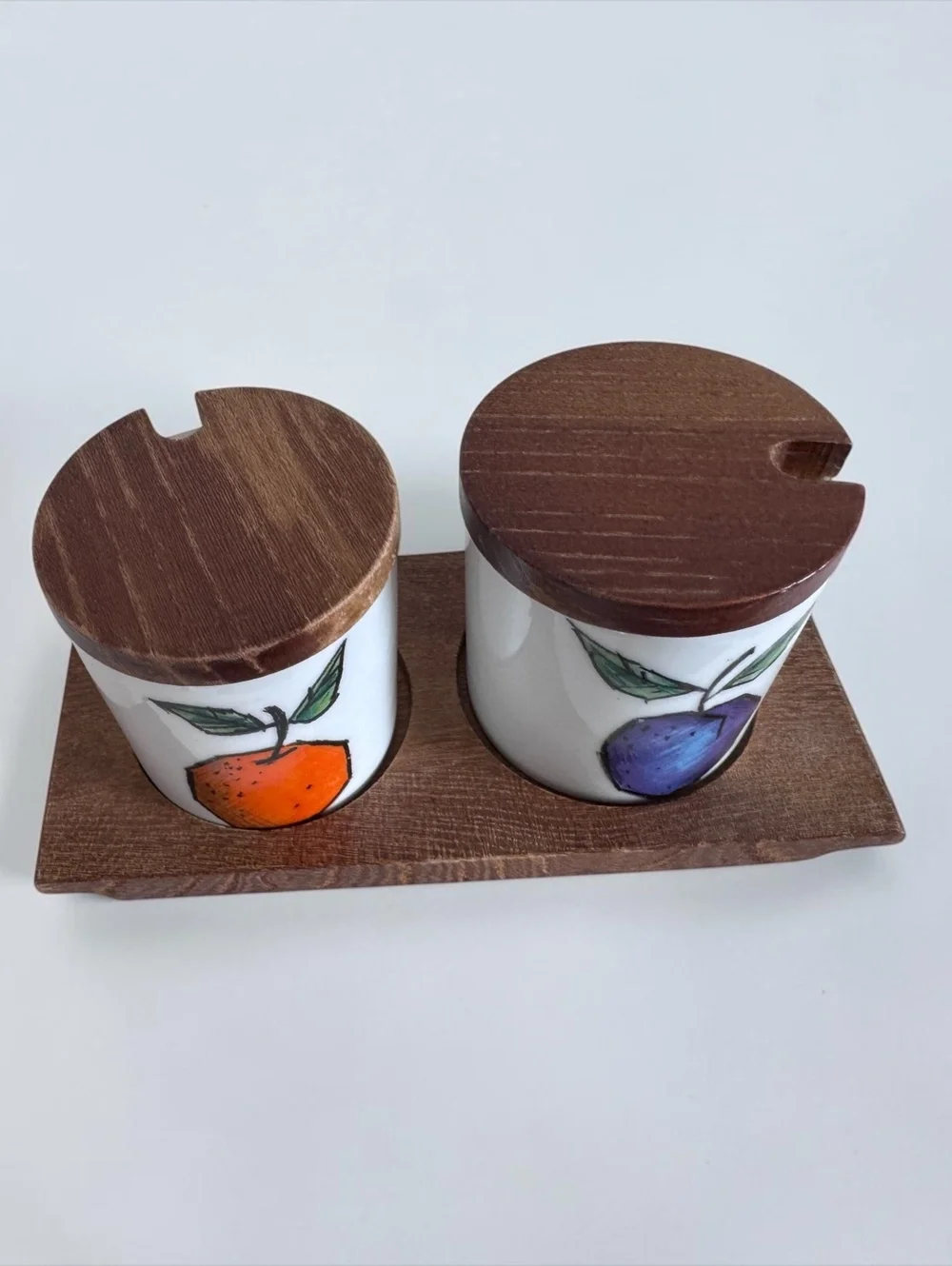 Vintage Japan Fruit Condiment Jars Set of 2 Ceramic Wood Lids & Holder MCM